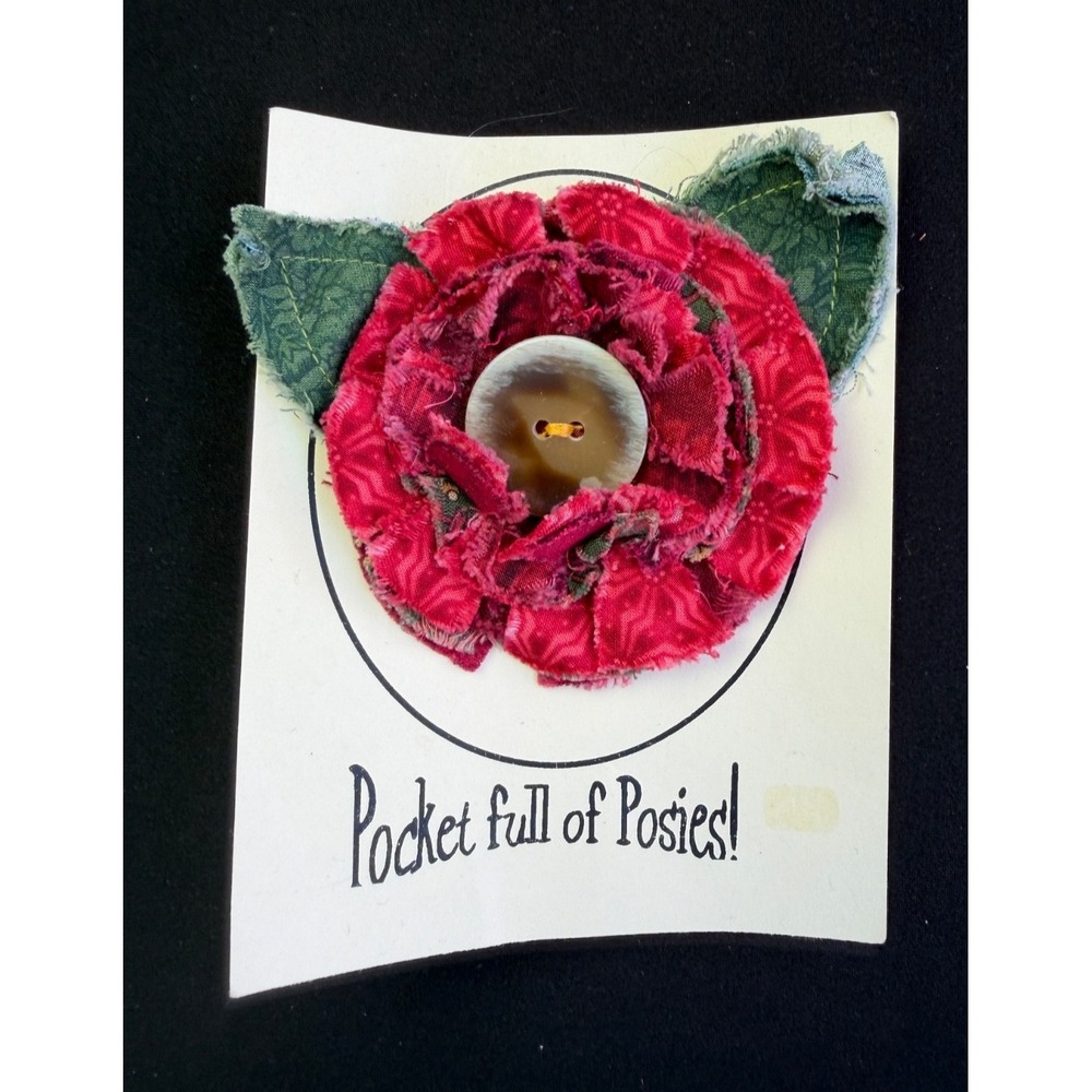 Pocket Full Posies Fabric Flower Brooch Red Button Pin Cottagecore Shabby Chic